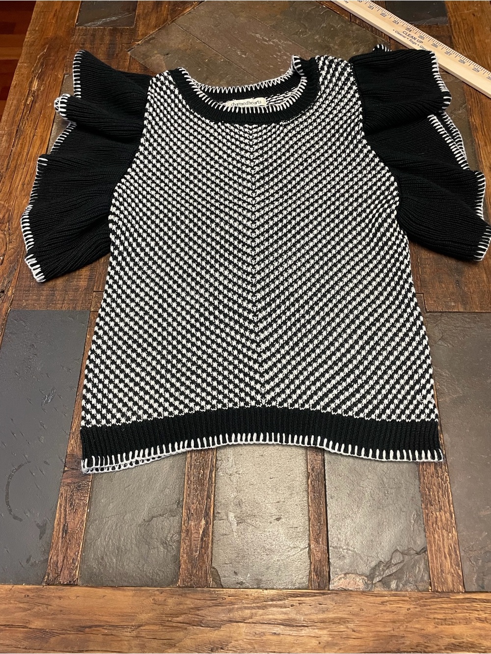 Black & White Ruffle Sleeve Crewneck Sweater